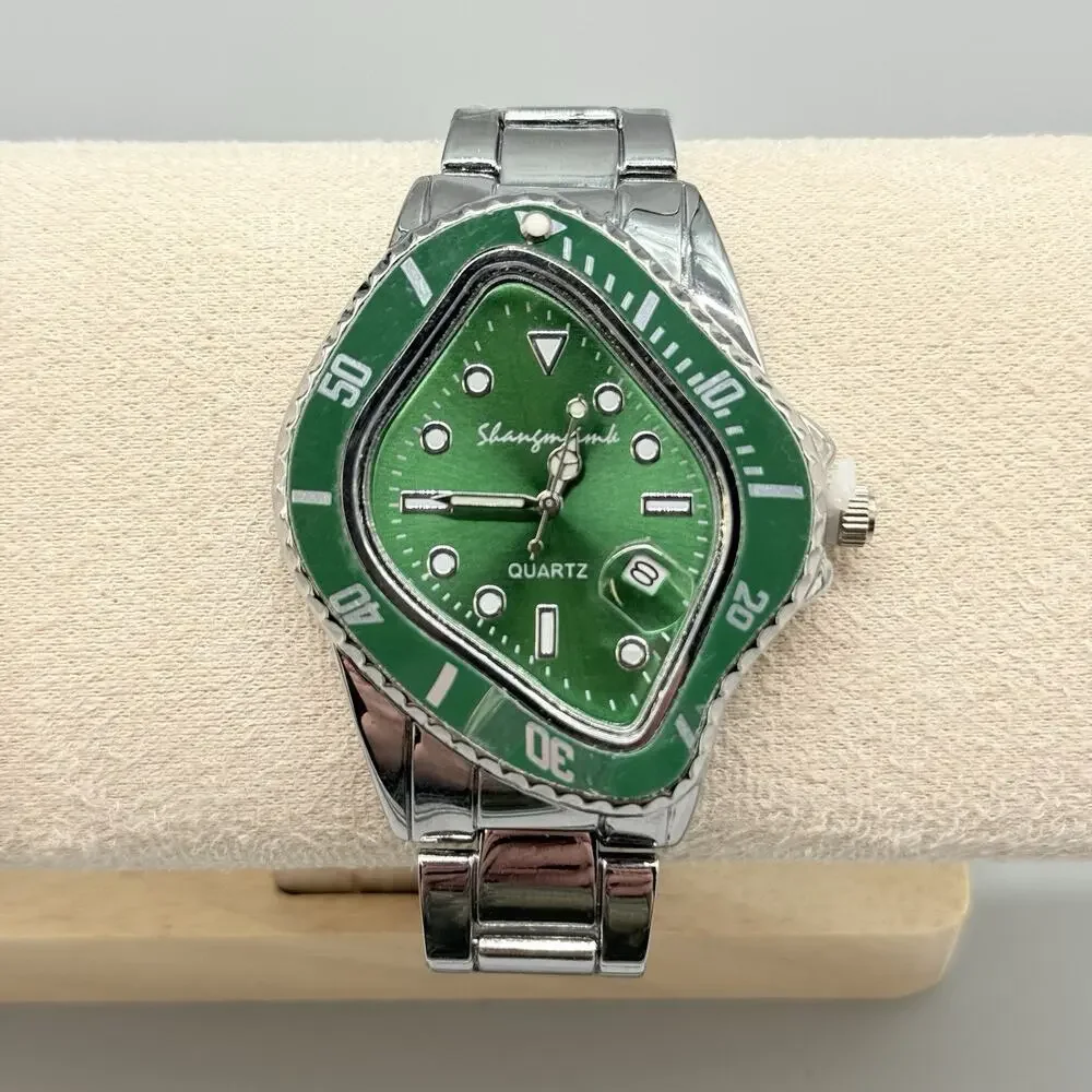 Mens Green Twist Dial Watch Silver Tone Irregular Rhombic Melted Crash Design